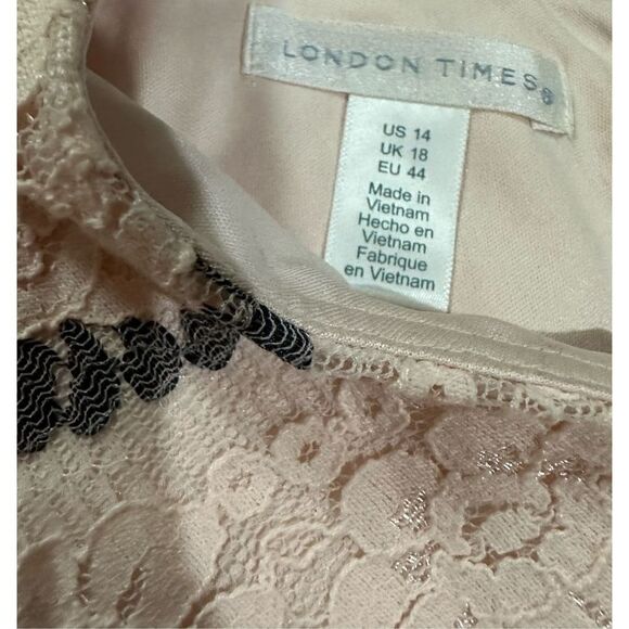 London Times Sz 14 Light Pink Gray Multi Lace Overlay Sheath Dress - Picture 3 of 11